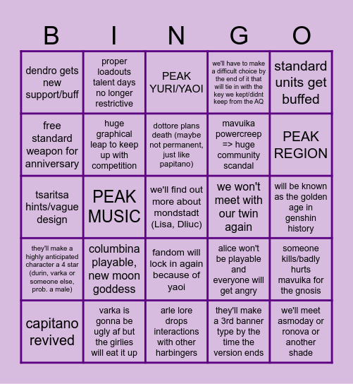 GENSHIN 6.0 VERSION Bingo Card