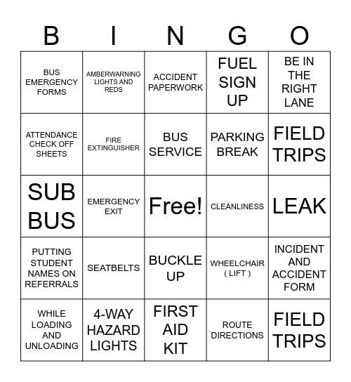 Bus Driver Bingo Card