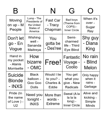 90's Random Songs Bingo Card
