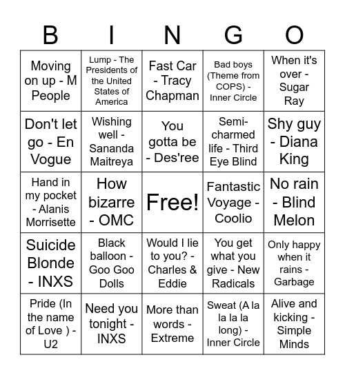 90's Random Songs Bingo Card