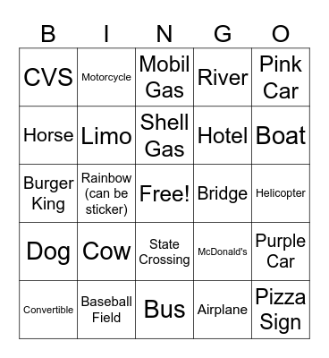 Car Ride Bingo #2 Bingo Card
