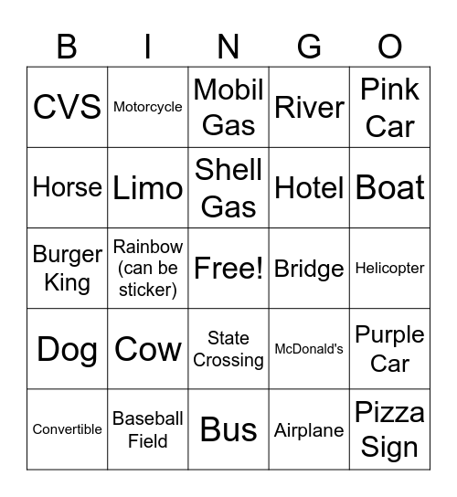 Car Ride Bingo #2 Bingo Card