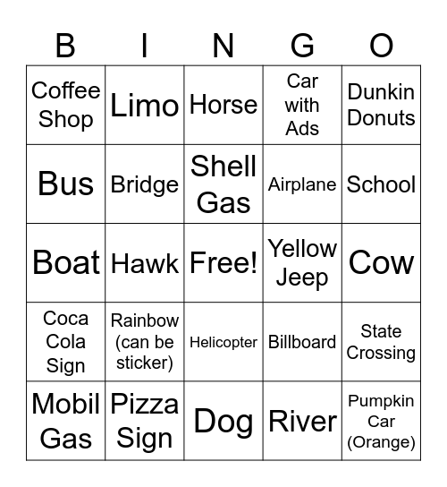 Car Ride Bingo #3 Bingo Card