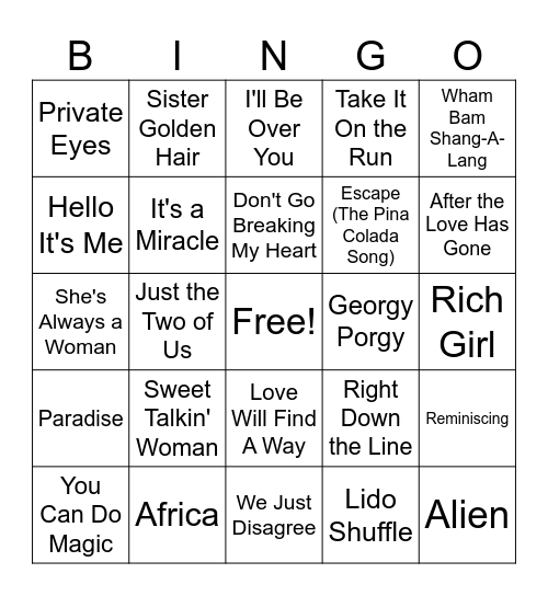 Trouvaille Music Bingo - Yacht Rock Bingo Card