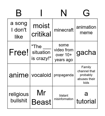 Youtube Homepage Bingo Card