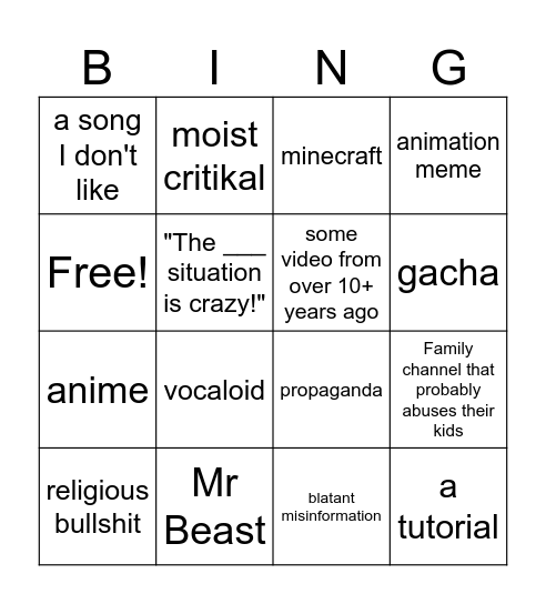 Youtube Homepage Bingo Card