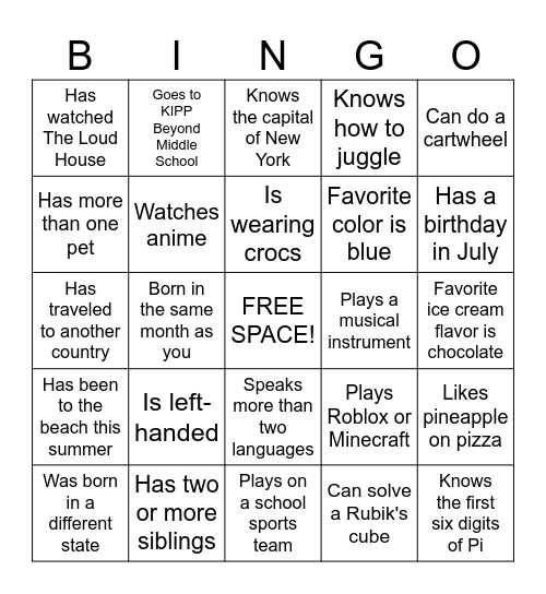 Human Bingo: Getting to Know Each Other Bingo Card