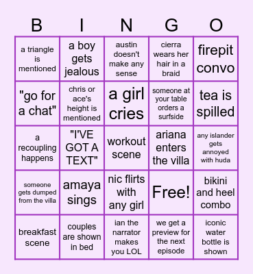 Love Island Bingo Card