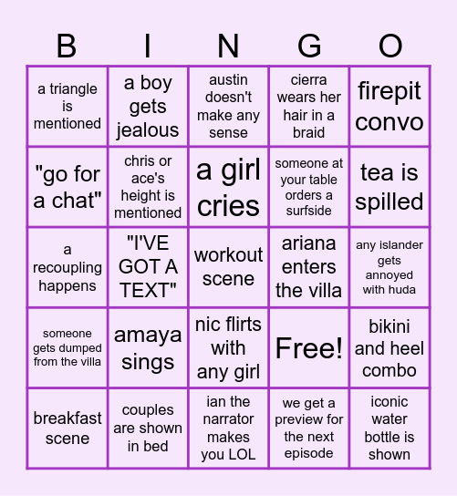 Love Island Bingo Card