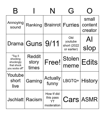 Youtube shorts bingo Card