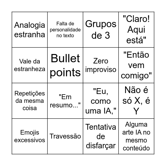 Bingo de roteiro/comentário/descrição feito por IA Bingo Card