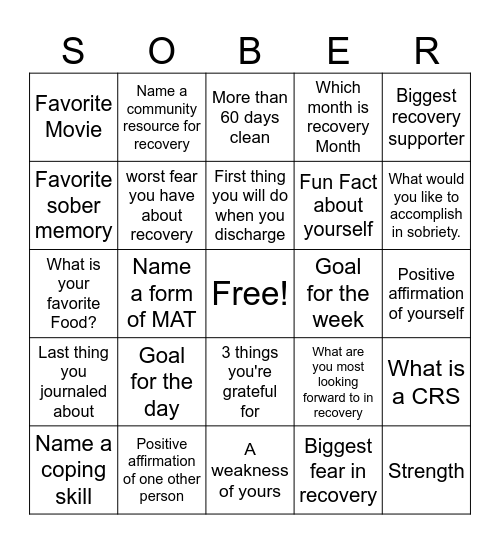 Recovery Bingo Card