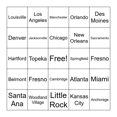 Cities Bingo Card