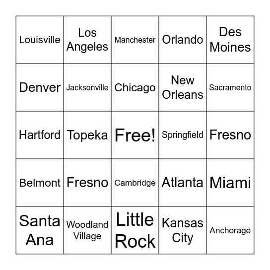 Cities Bingo Card
