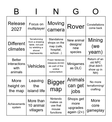 Animal Crossing 6 predictions Bingo Card