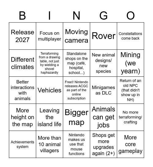 Animal Crossing 6 predictions Bingo Card