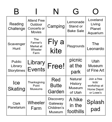Summer Activities in SLC Bingo Card