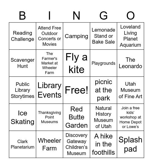 Summer Activities in SLC Bingo Card