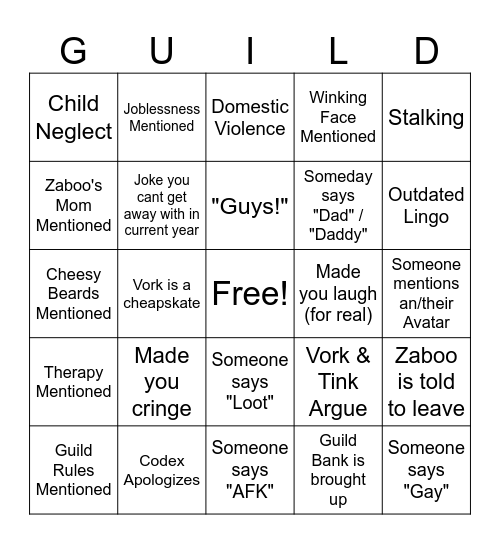 The Guild: Season 1 Bingo Card