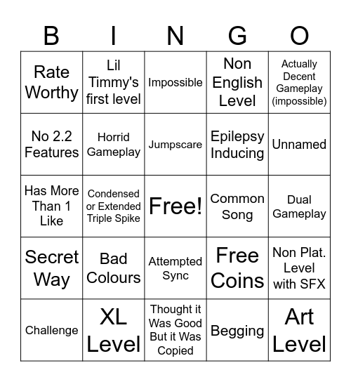 Geometry Dash Recent Tab Bingo Card