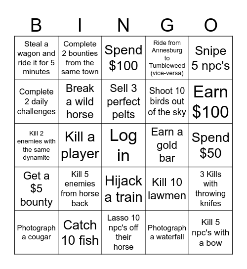 RDO Bingo Card