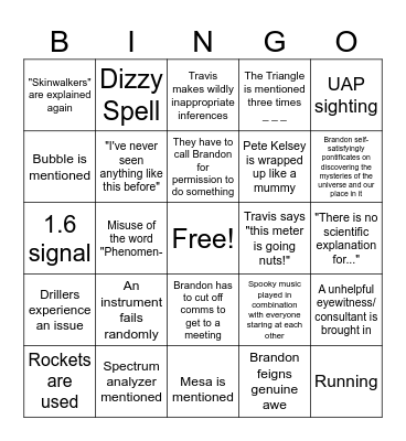 Skinwalker Ranch Bingo Card