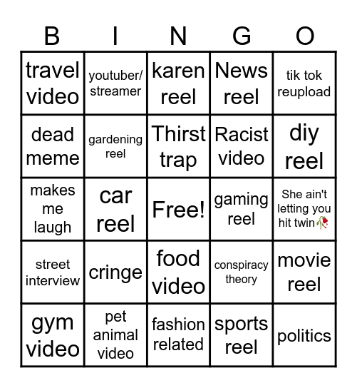 Instagram reel bingo Card
