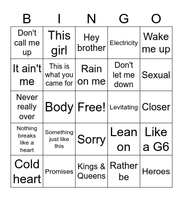 Pop hits 1 Bingo Card