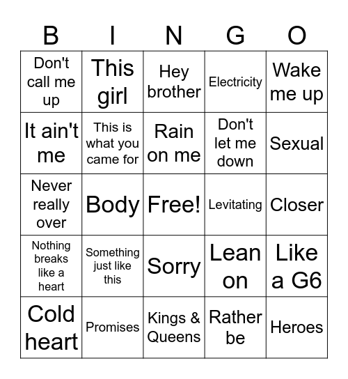 Pop hits 1 Bingo Card