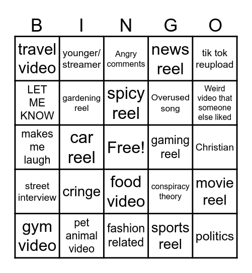 Instagram reel bingo Card