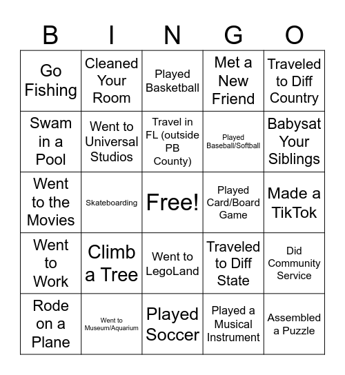 What I Did This Summer Bingo Card