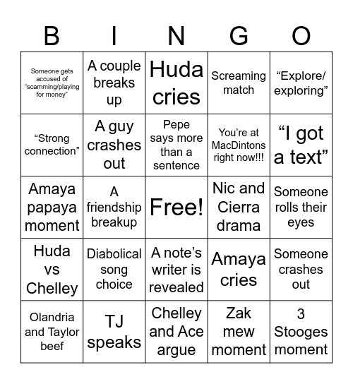 Love Island Bingo made by Bama Bingo Card