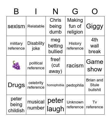 family guy Bingo Card