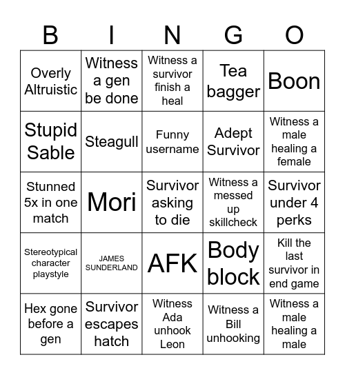 Dbd Bingo for Killer Bingo Card
