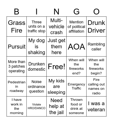Fourth of July 911 Bingo Card