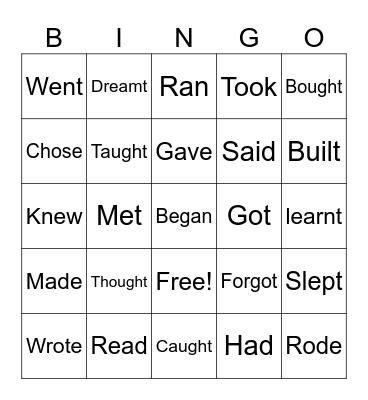 PAST IRREGULAR VERBS Bingo Card