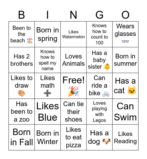 Benny's Class Bingo Card