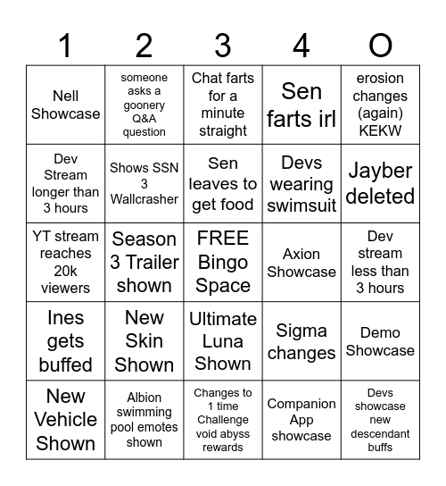 TFD Devstream Bingo Card