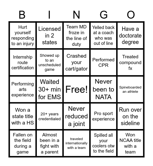 Athletic Training Bingo Card