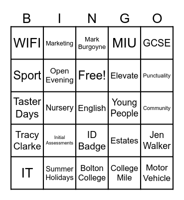 Bolton College Bingo Bonanza Bingo Card