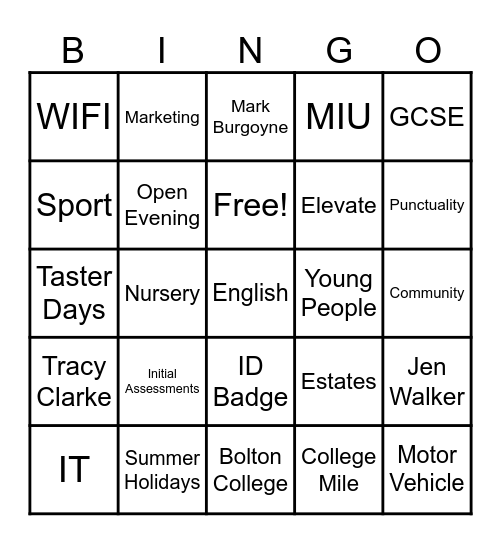 Bolton College Bingo Bonanza Bingo Card