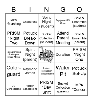 Marching Mustangs Volunteer Bingo Card