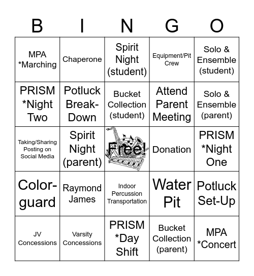 Marching Mustangs Volunteer Bingo Card