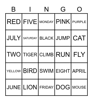 ENGLISH Bingo Card
