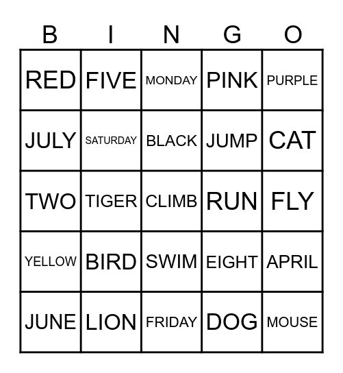 ENGLISH Bingo Card