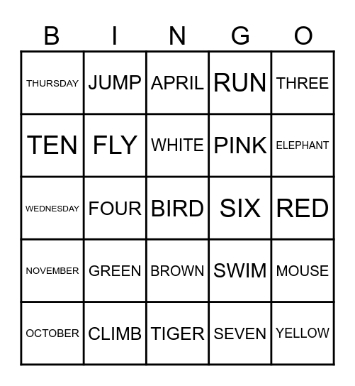 ENGLISH Bingo Card
