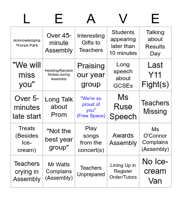 Leaver's Day Bingo Card