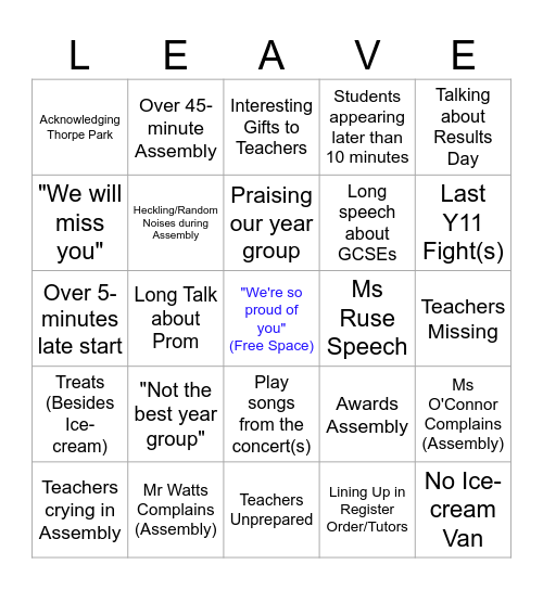 Leaver's Day Bingo Card
