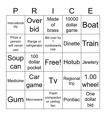 Price is right 1980 Bingo Card
