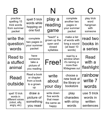 Eliza's Summer Reading Challenge!! Bingo Card